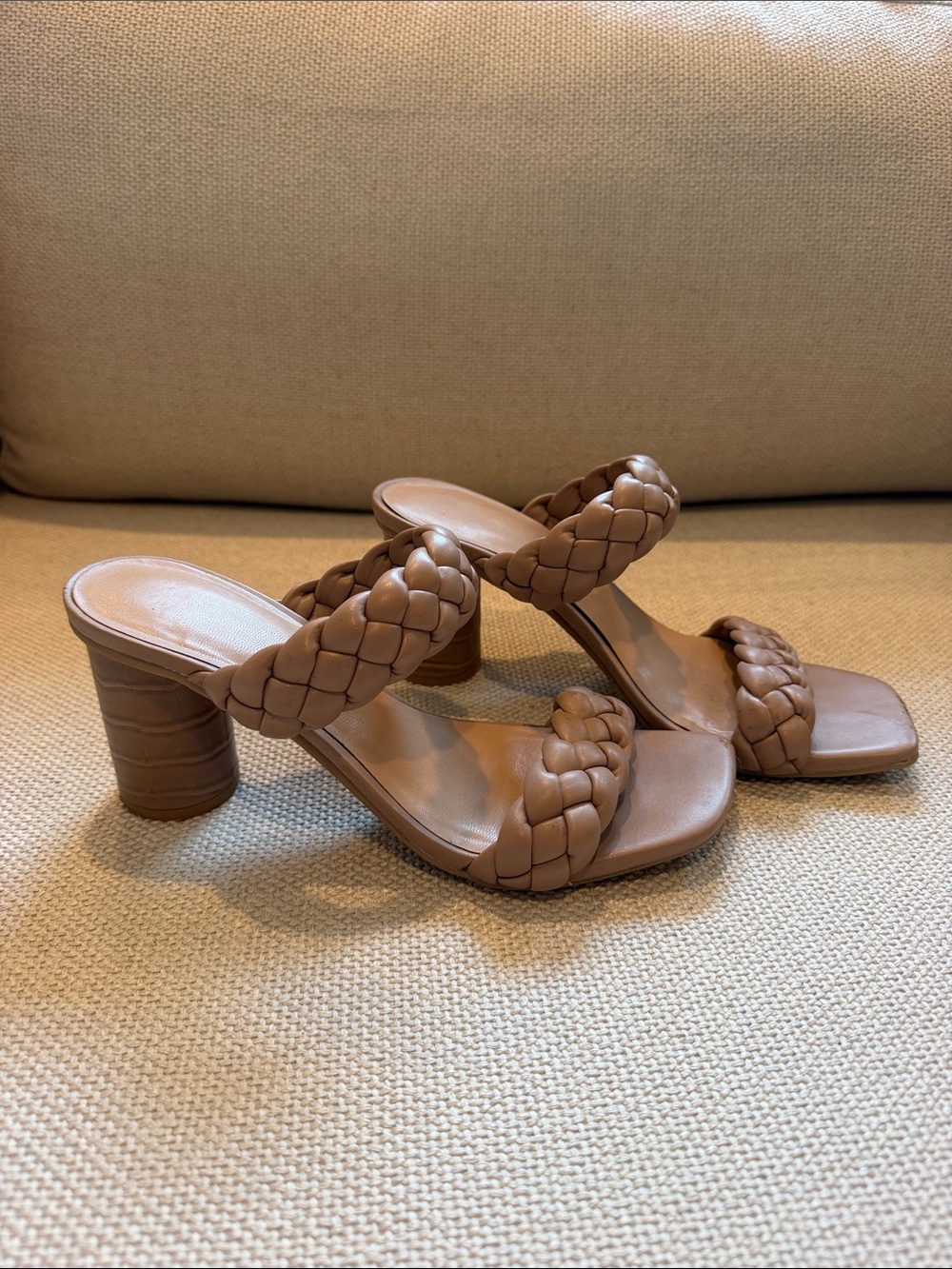 Braided Strap Block Heel Sandals - Tan